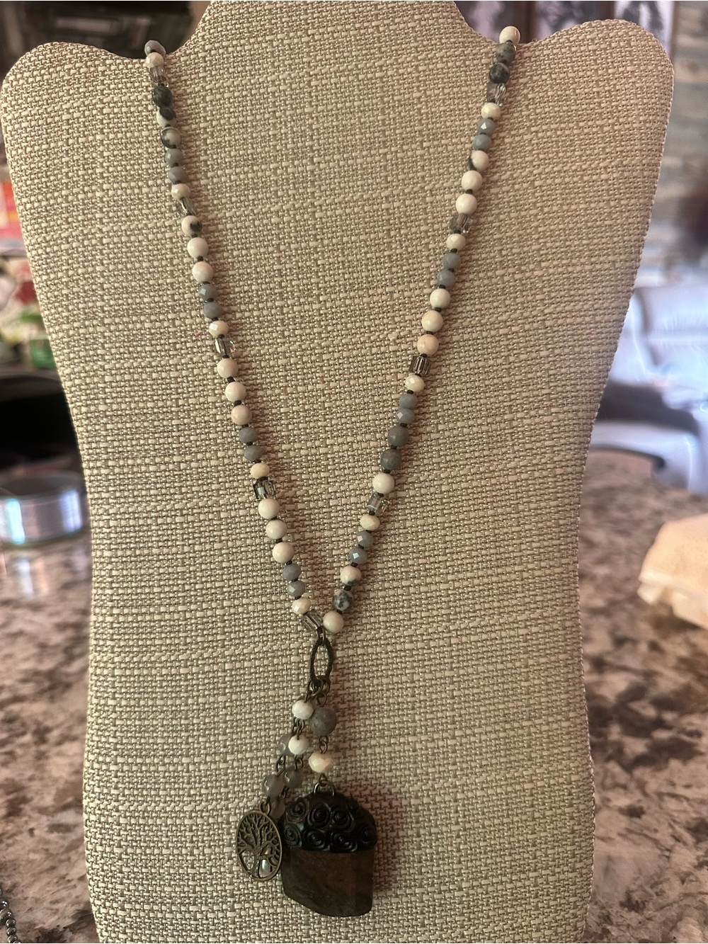 Beaded Stone Charm Necklace in Cream and Gray/blue